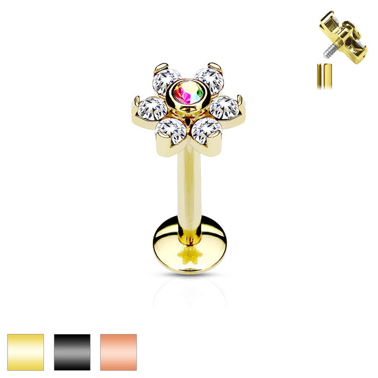 PVD Pläterad Labret 1.2mm - blomma med cubic zirconia