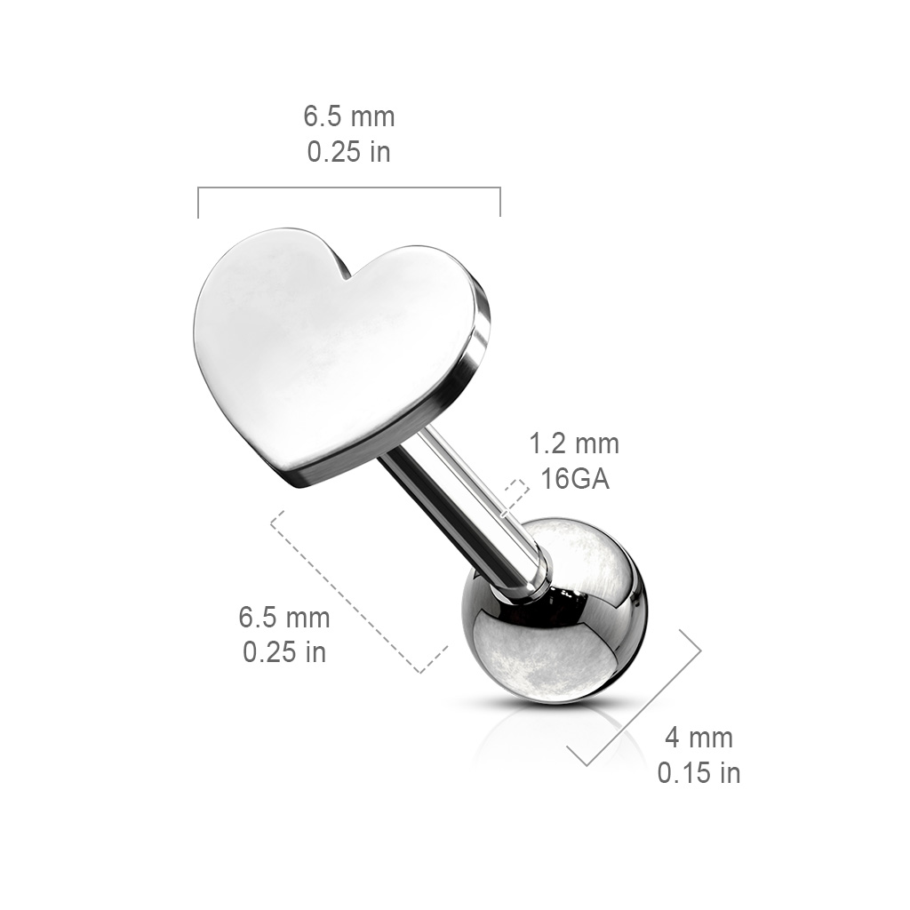 Tragus / helix barbell 1.2mm med hjärtformad topp