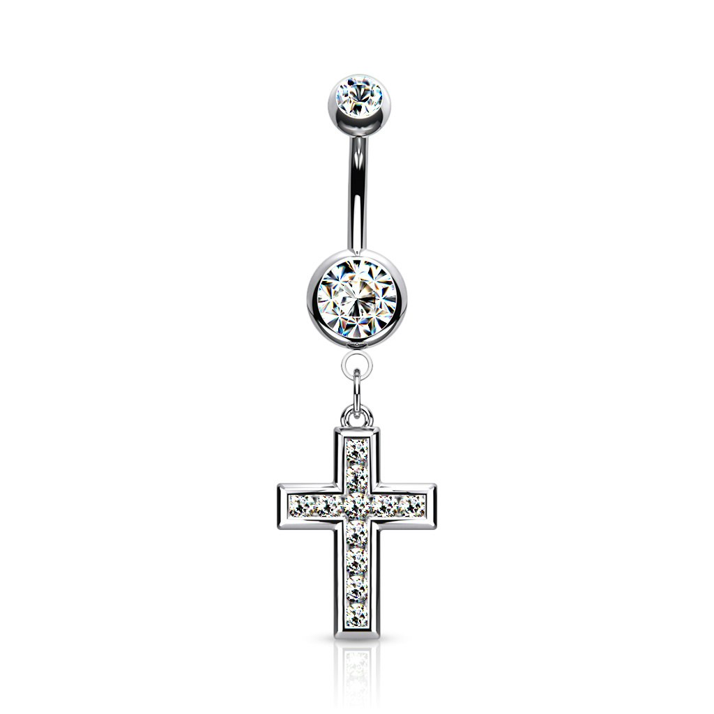 Navelsmycke med hänge - Kors med cubic zirconia
