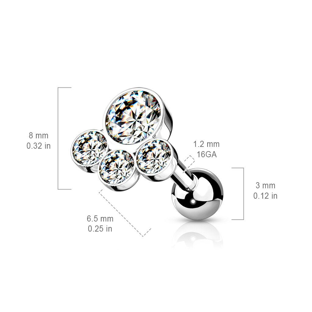 Conch / Tragus barbell 1.2mm med fyra runda crystals