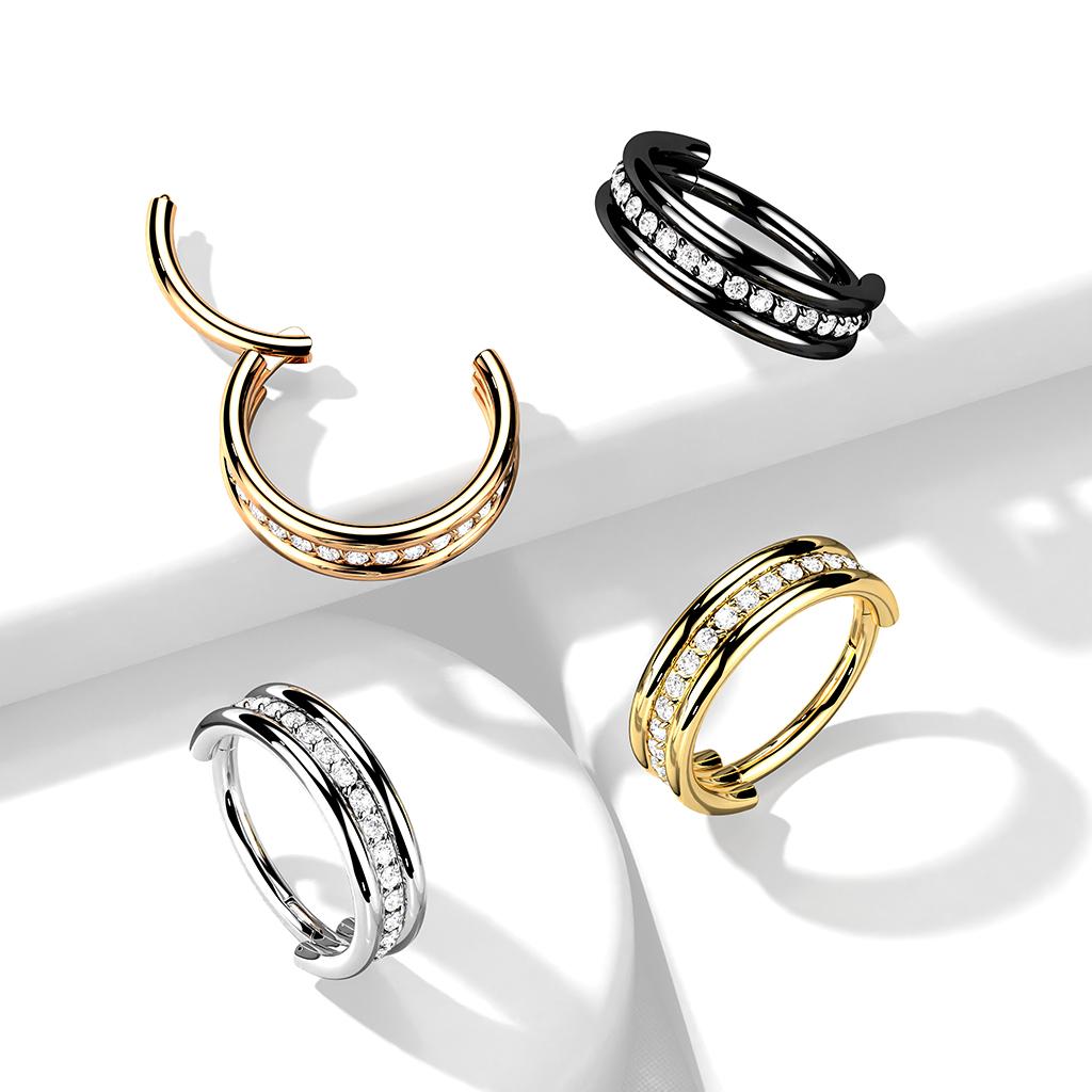 Titanium ring med gångjärn - Trippel ring med centrerad CZ rad