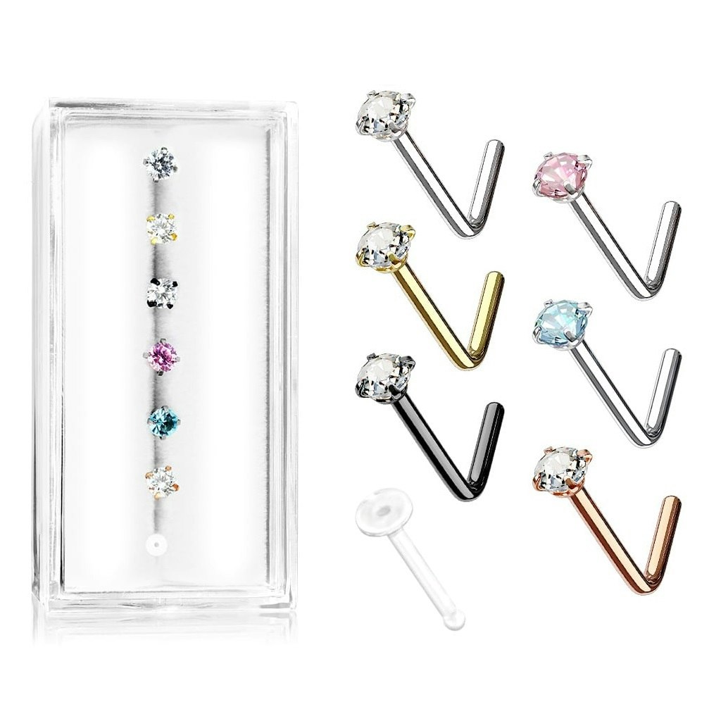 Mixpack 7st L-böjd nässmycke med cubic zirconia