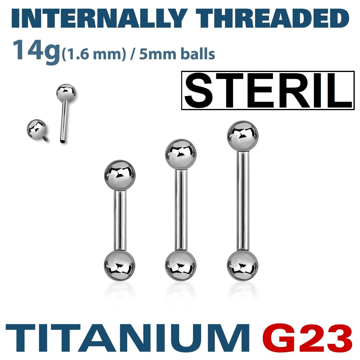 Steril titanium barbell invändigt gängad 1.6mm med 5mm kulor