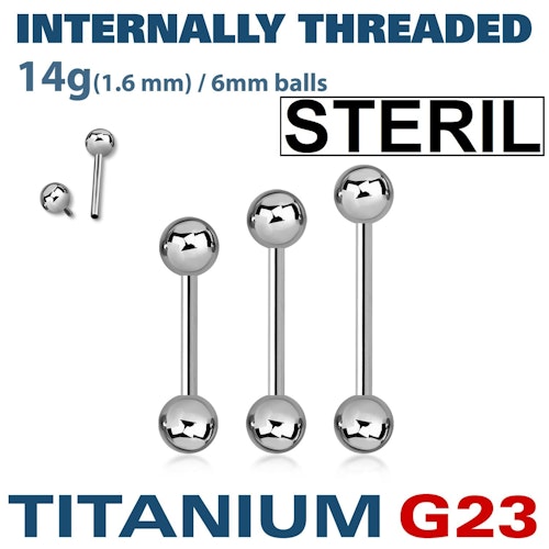 Steril titanium barbell invändigt gängad 1.6mm med 6mm kulor