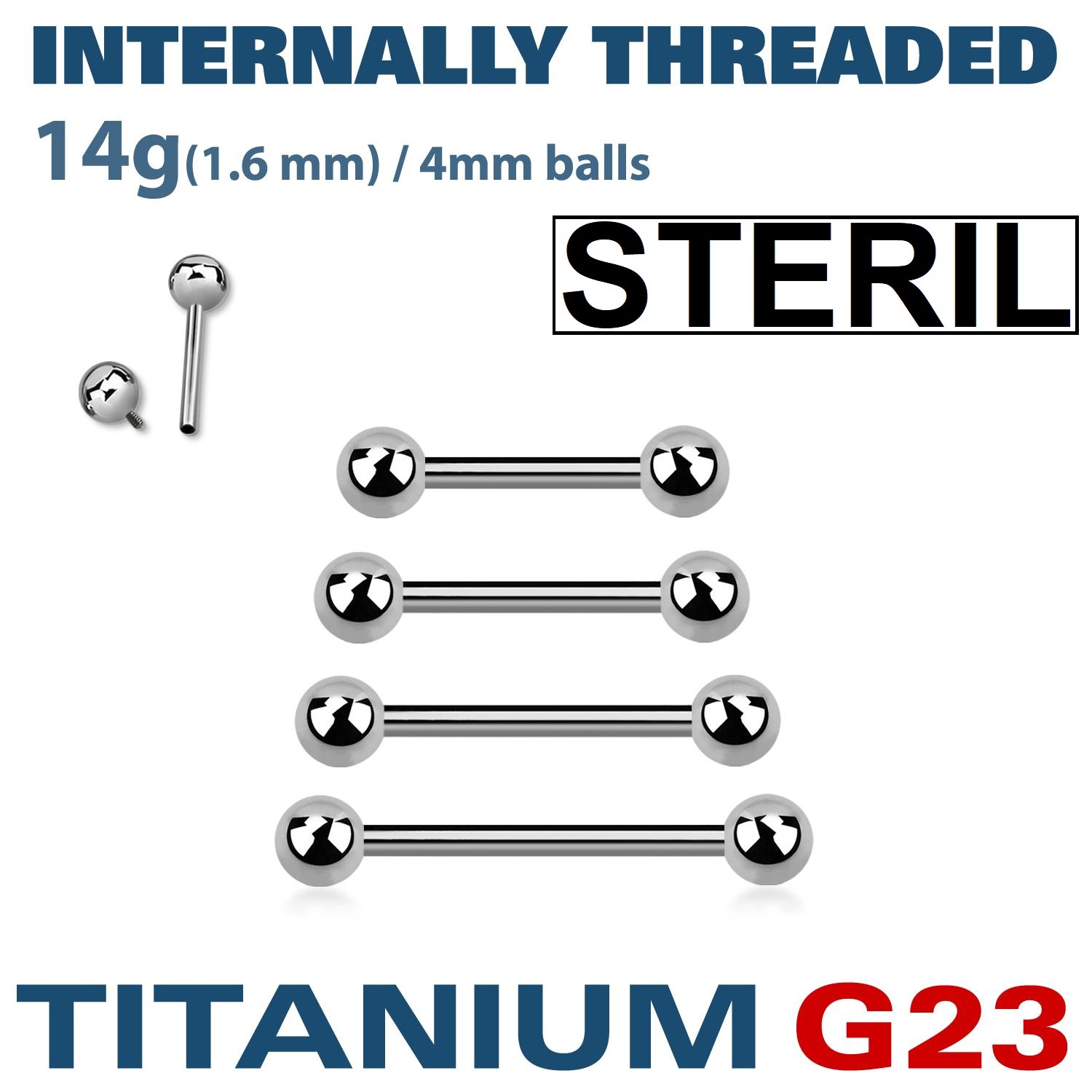 Steril titanium barbell invändigt gängad 1.6mm med 4mm kulor