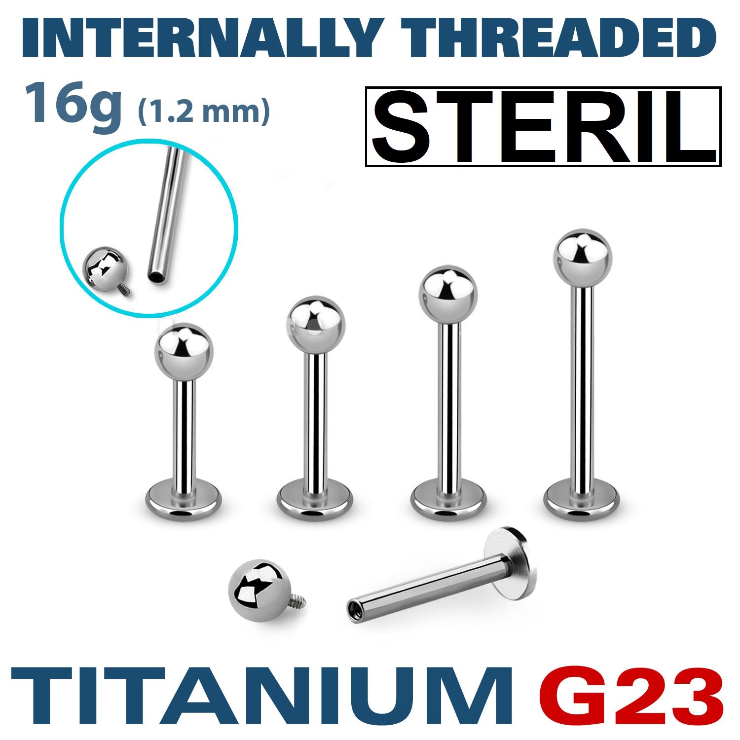 Steril titanium labret invändigt gängad 1.2mm med 3mm kula