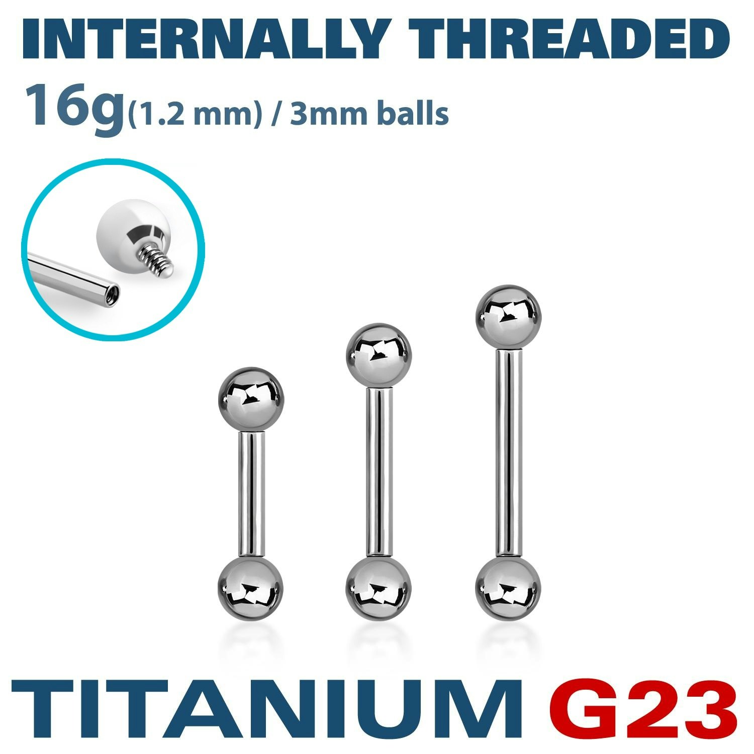 Titanium barbell invändigt gängad 1.2mm med 3mm kulor
