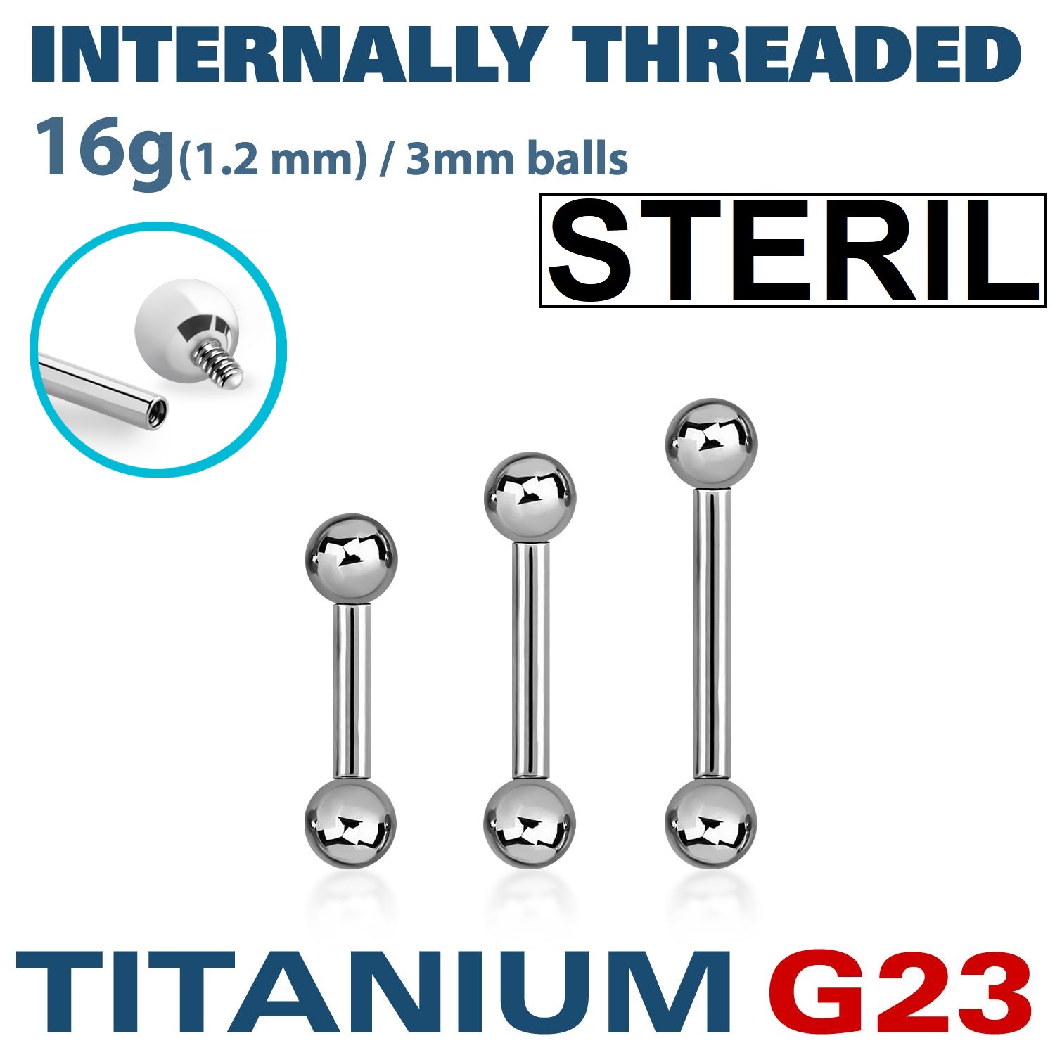 Steril titanium barbell invändigt gängad 1.2mm med 3mm kulor