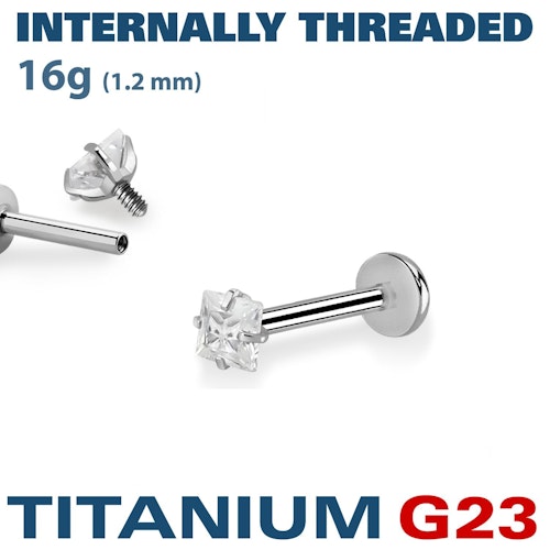 Titanium labret invändigt gängad 1.2mm med 3mm fyrkantig CZ