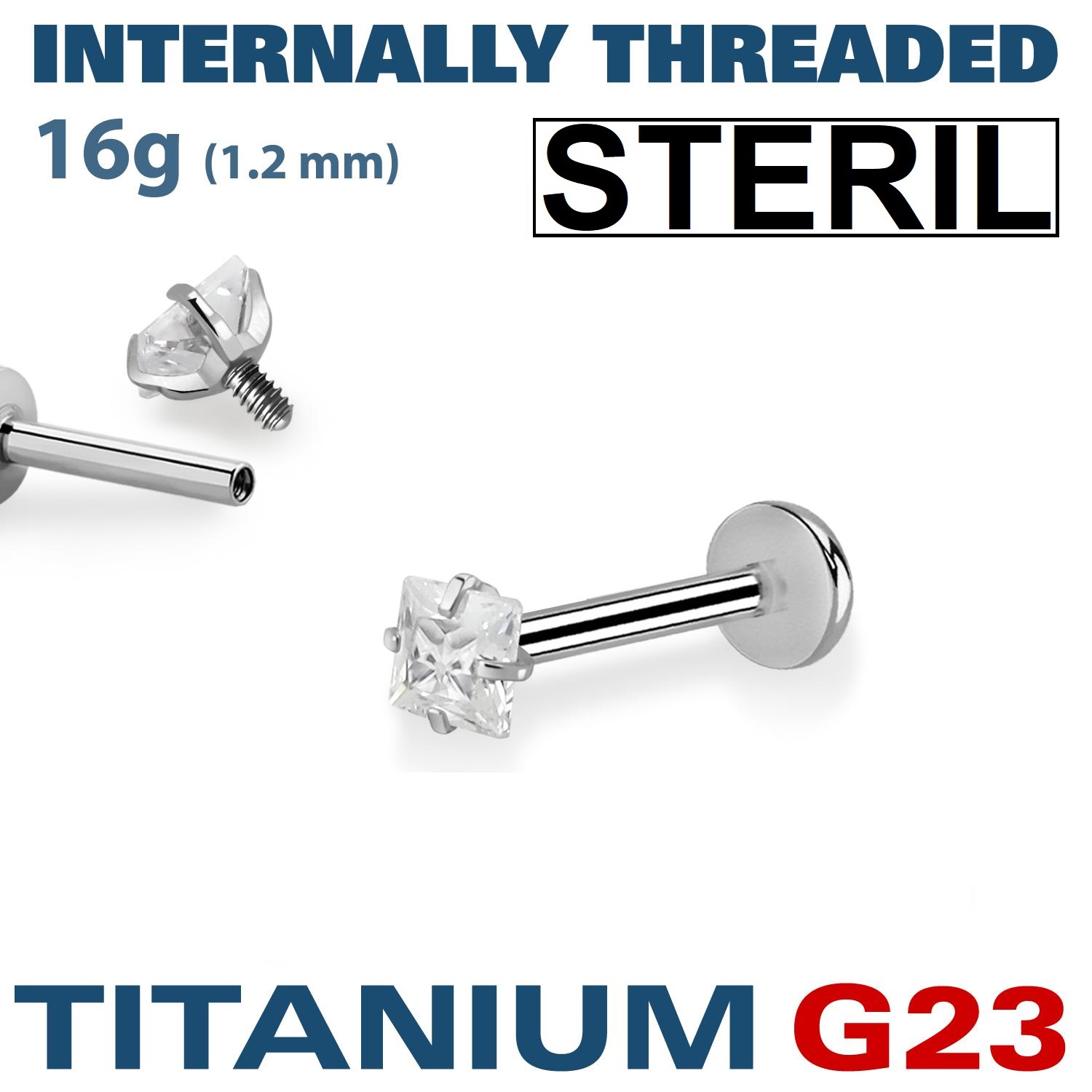 Steril titanium labret invändigt gängad 1.2mm med 3mm fyrkantig CZ
