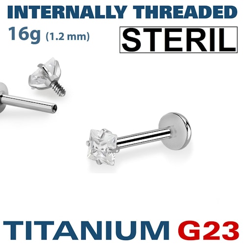 Steril titanium labret invändigt gängad 1.2mm med 3mm fyrkantig CZ