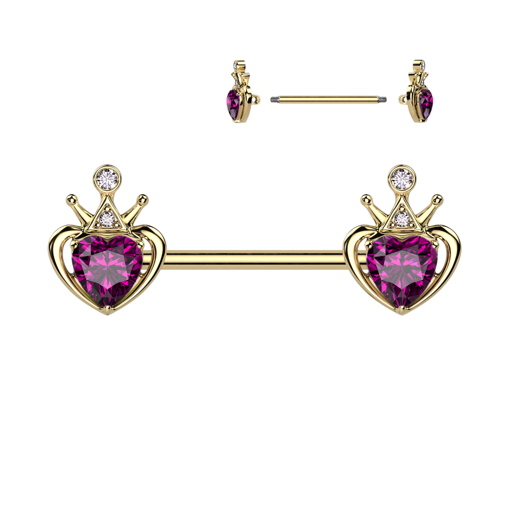 Guldfärgad barbell / bröstsmycke med krona och hjärtformad crystal