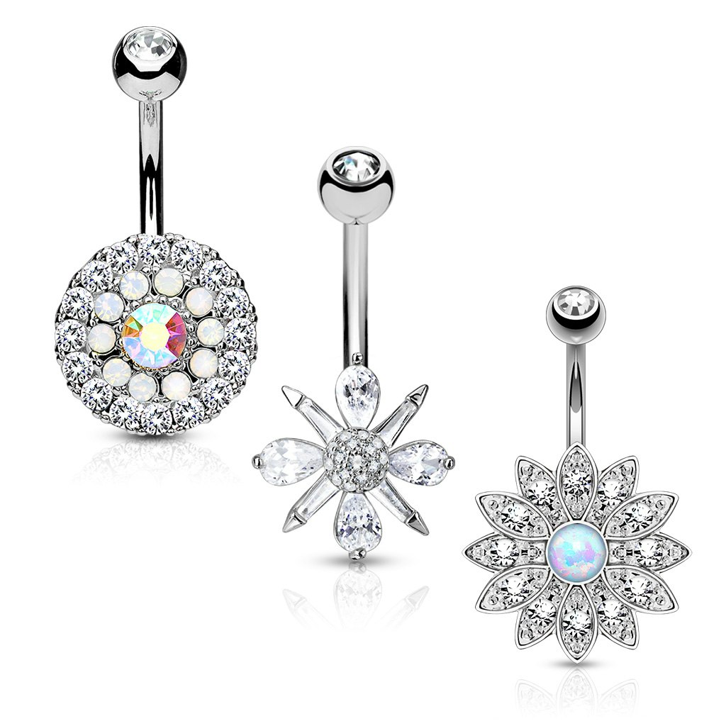 Mixpack 3st navelsmycken med cubic zirconia och opal