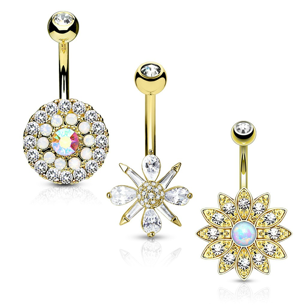 Mixpack 3st navelsmycken med cubic zirconia och opal