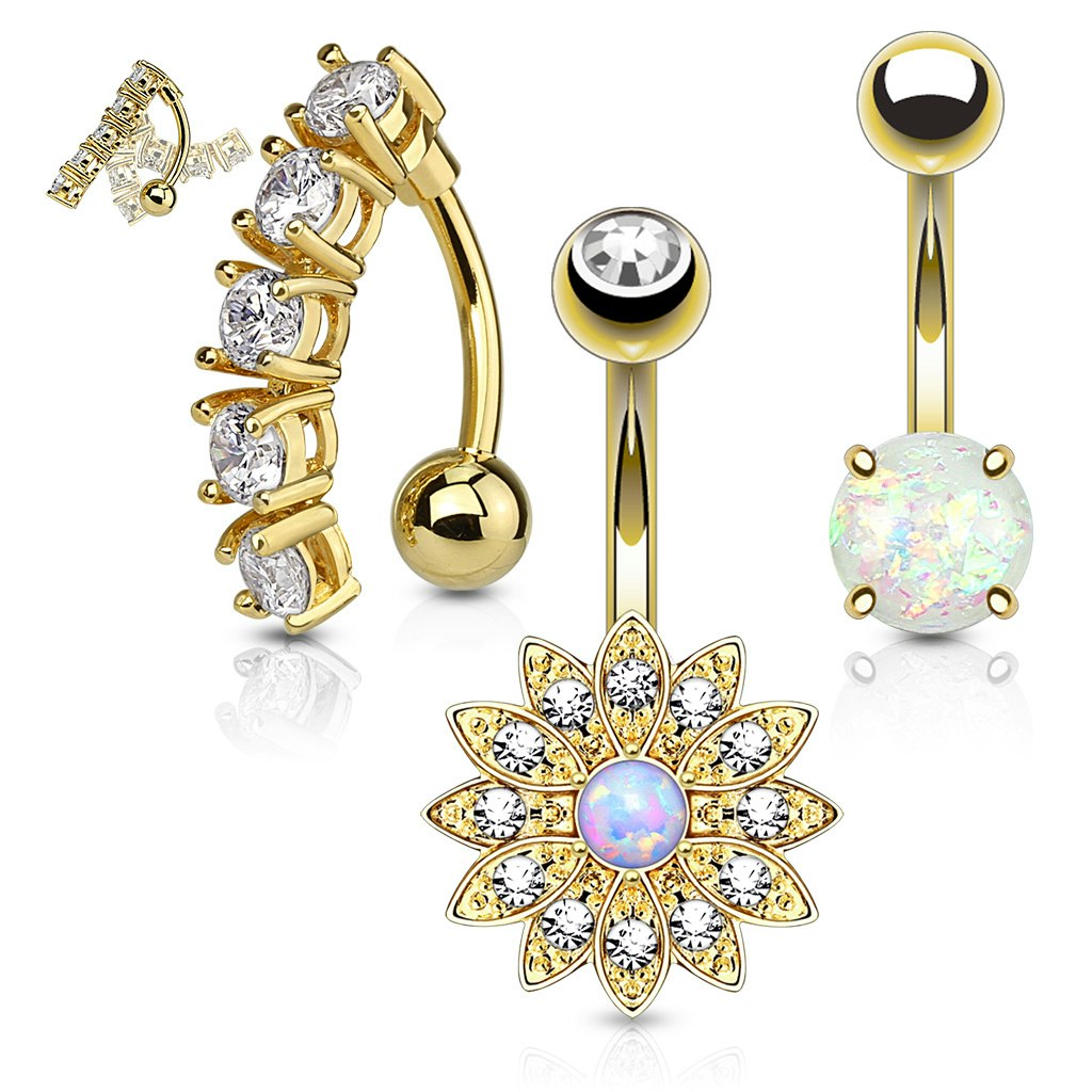 Mixpack 3st navelsmycken med cubic zirconia och opal