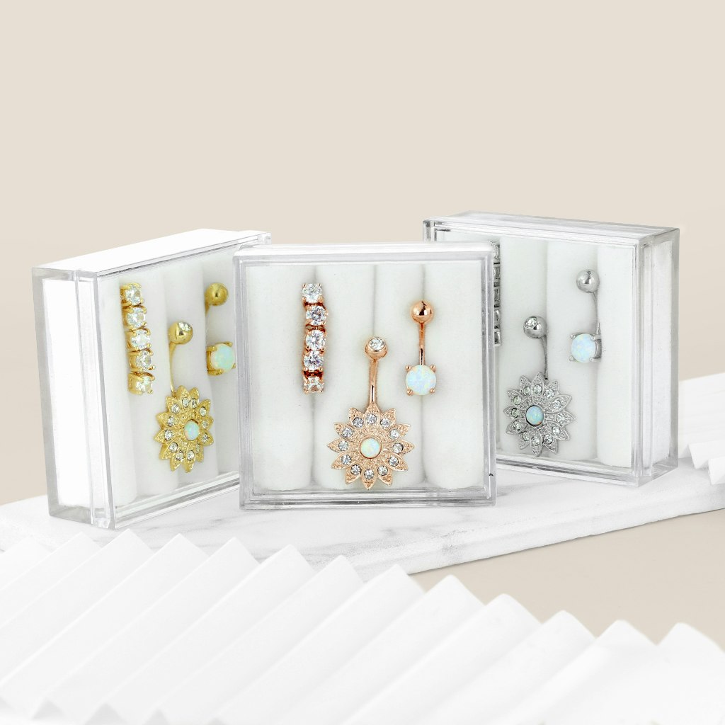 Mixpack 3st navelsmycken med cubic zirconia och opal