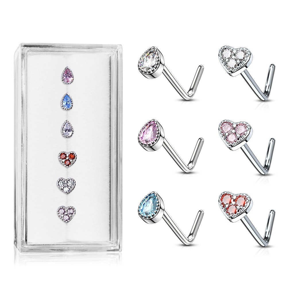 Mixpack 6st nässmycke L-böjd med dropp- och hjärtformade toppar med cubic zirconia