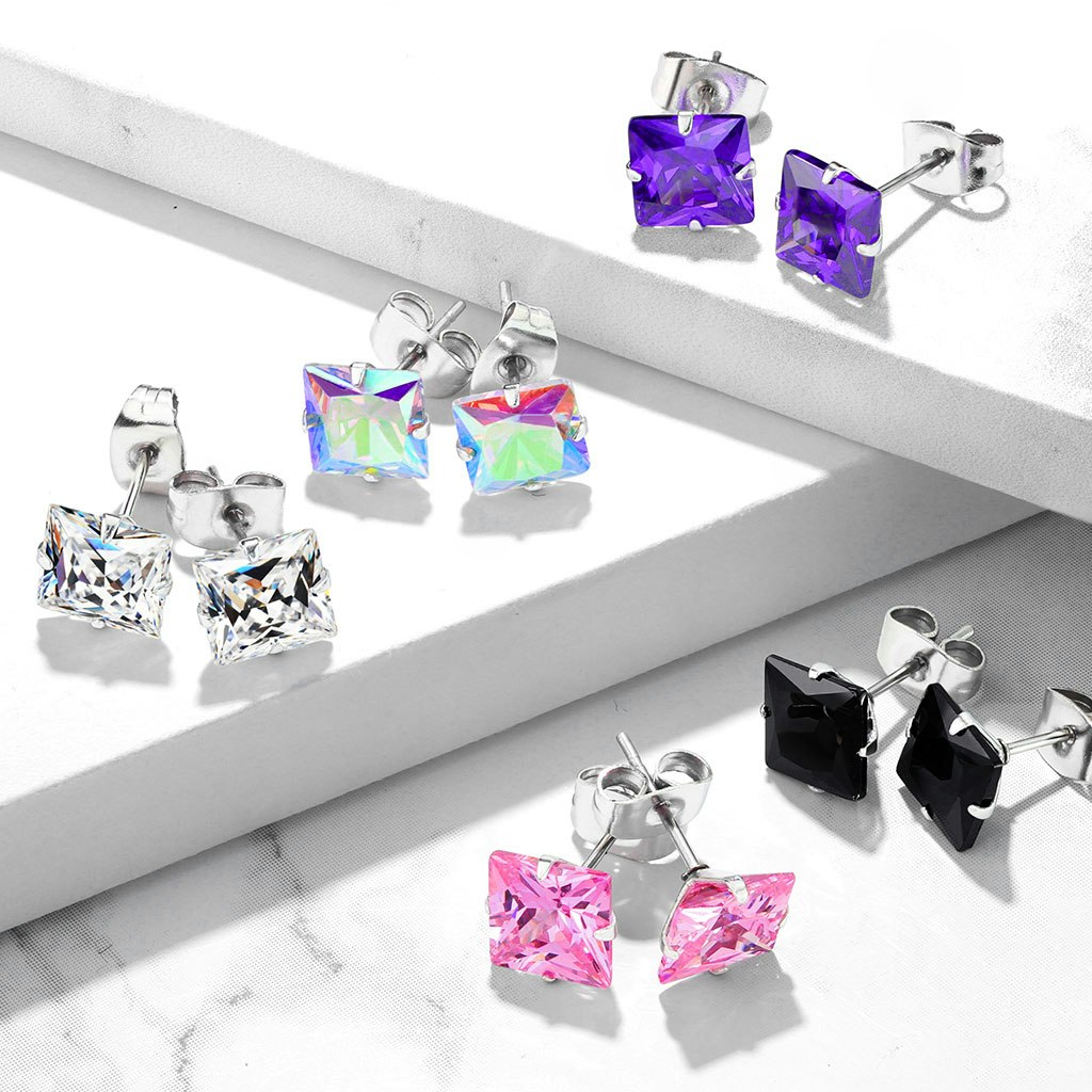 Örhänge med fyrkantig "Princess Cut" Cubic zirconia (Par)