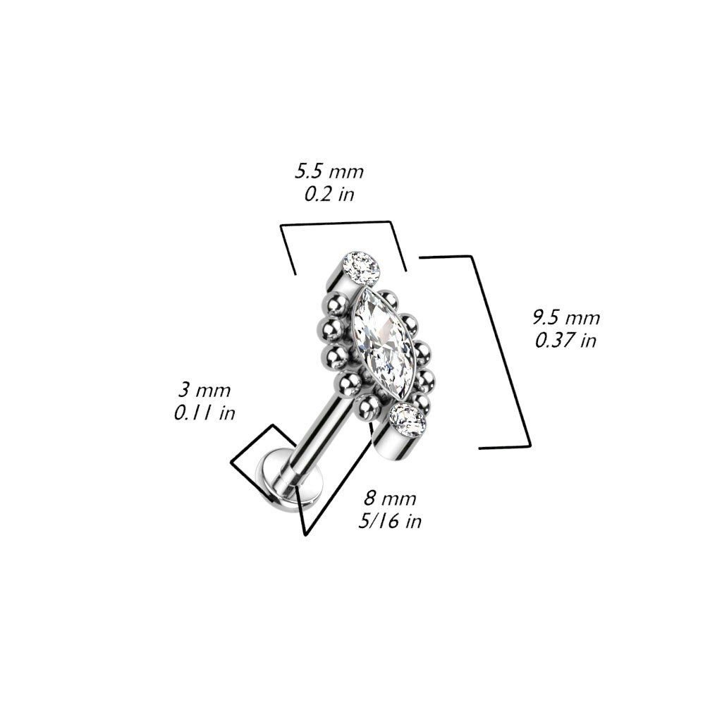 Labret i titanium 1.2mm - Topp med 2st runda och 1 navettslipad cubic zirconia