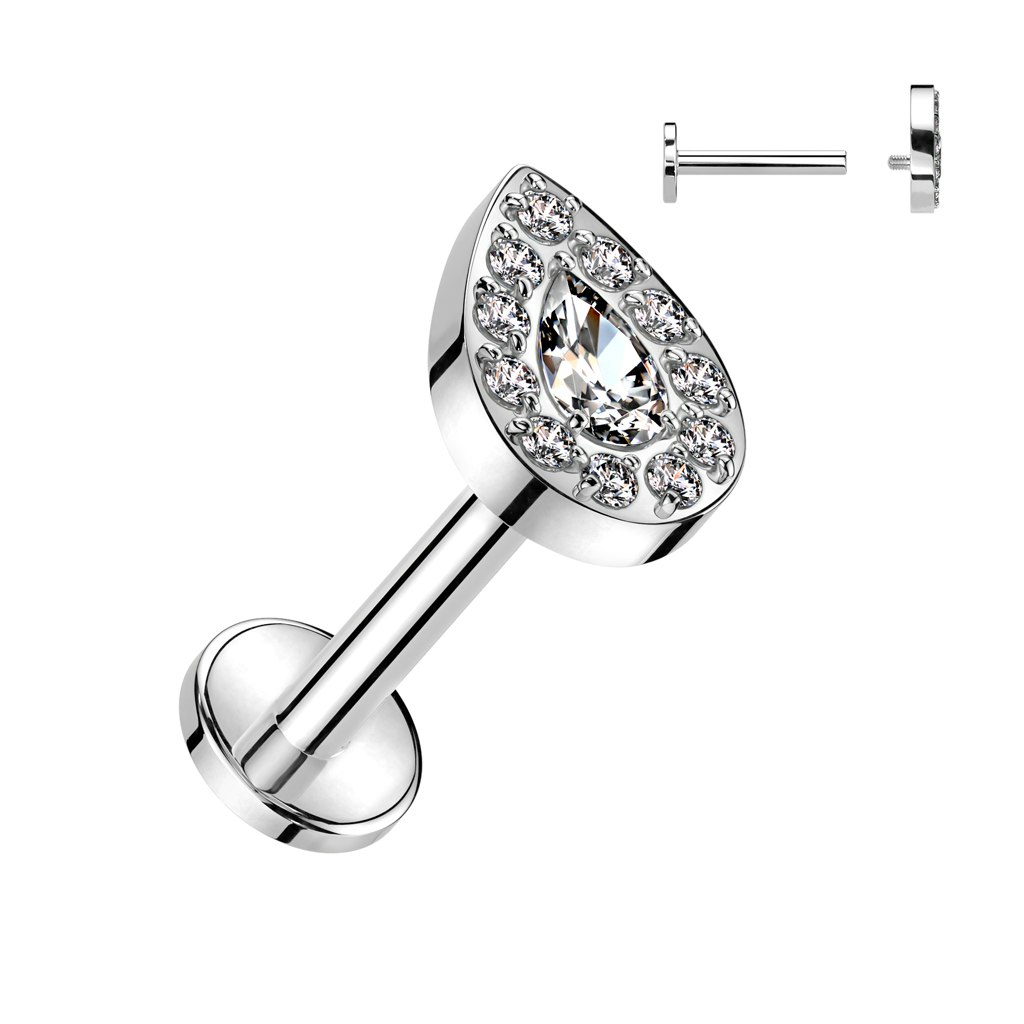 Labret i titanium 1.2mm - Droppformad topp med cubic zirconia