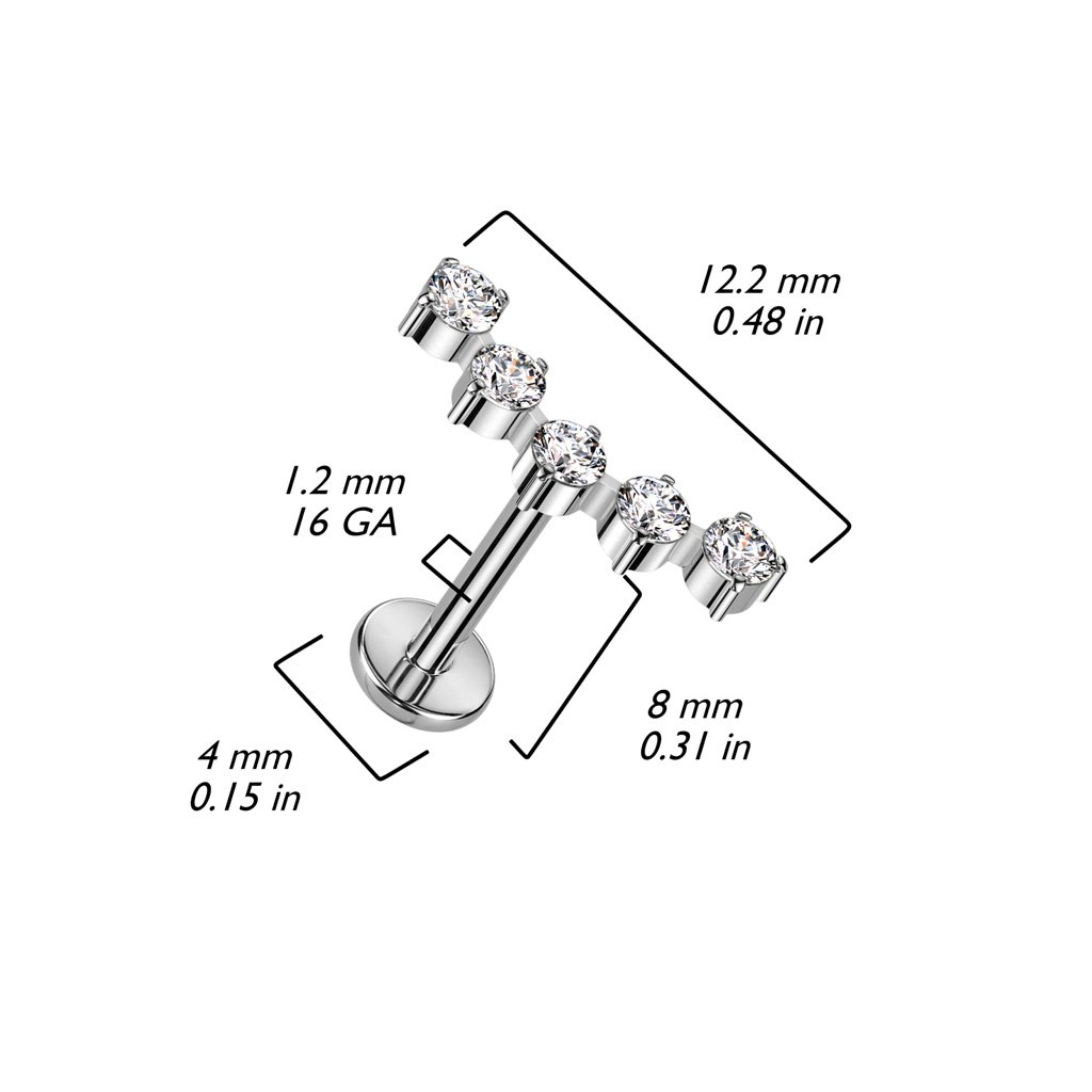 Labret i titanium 1.2mm - Böjd topp med 5st cubic zirconia