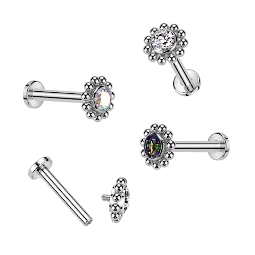 Labret i titanium 1.2mm - Bollkluster / blomma med cubic zirconia