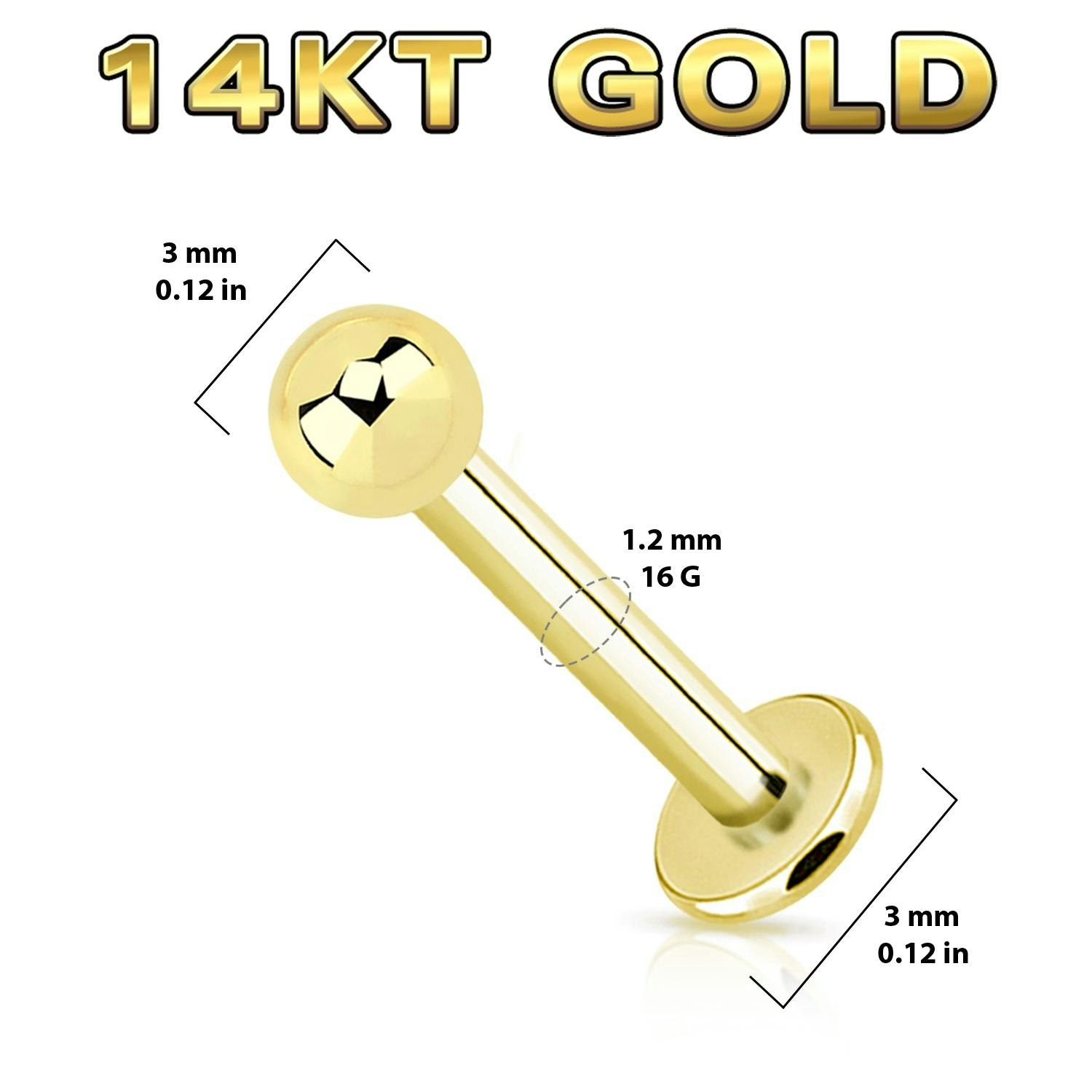 Labret 1.2mm med 3mm kula äkta 14 karat guld