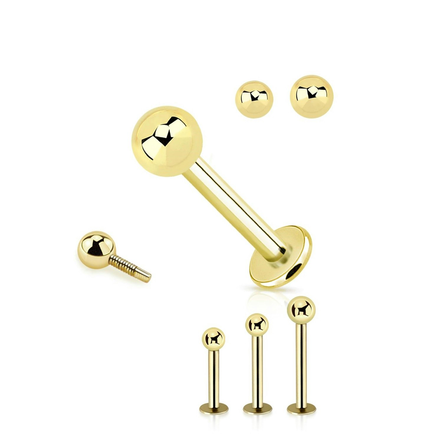 Labret 1.2mm med 2.5 eller 3mm kula - invändigt gängad äkta 14 karat guld