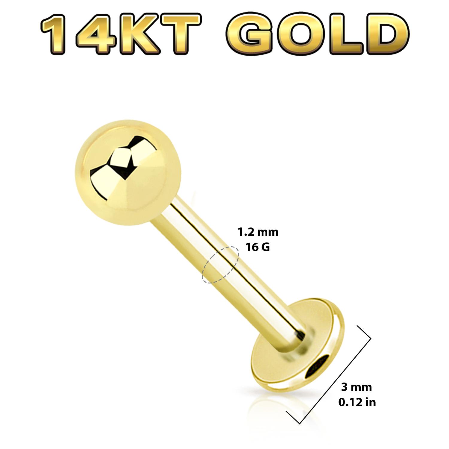 Labret 1.2mm med 2.5 eller 3mm kula - invändigt gängad äkta 14 karat guld