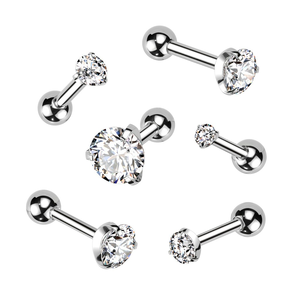 Tragus / helix Barbell i kirurgiskt stål med prong-set klar cubic zirconia