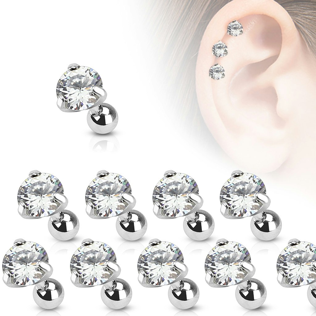 Tragus / helix Barbell i kirurgiskt stål med prong-set klar cubic zirconia