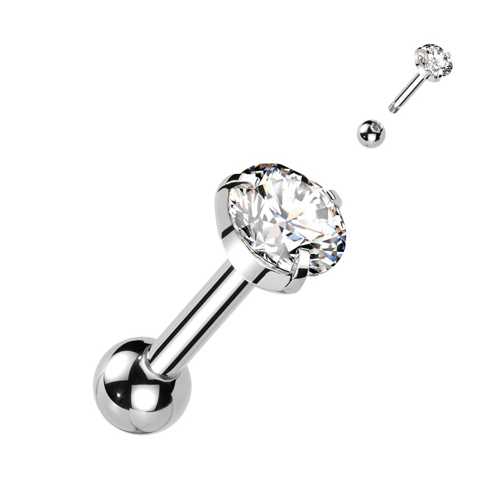 Tragus / helix Barbell i kirurgiskt stål med prong-set klar cubic zirconia