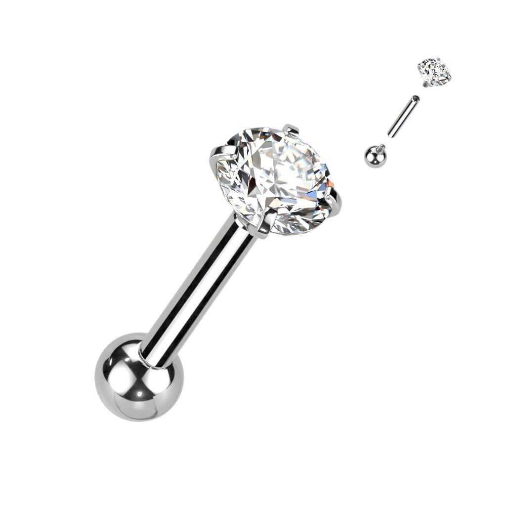 Tragus / helix Barbell i titanium invändigt gängad med prong-set klar cubic zirconia