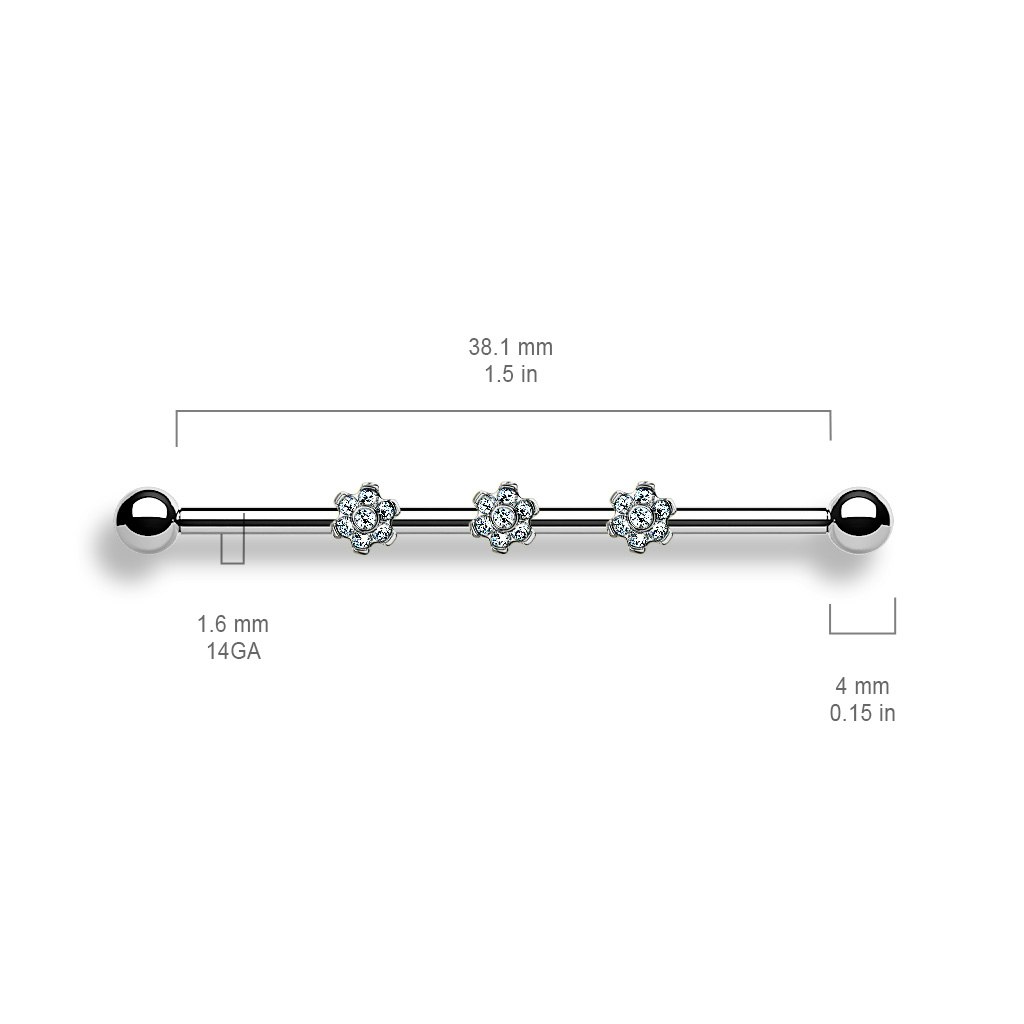 Titanium industrial barbell 1.6mm med 3st blommor med cubic zirconia