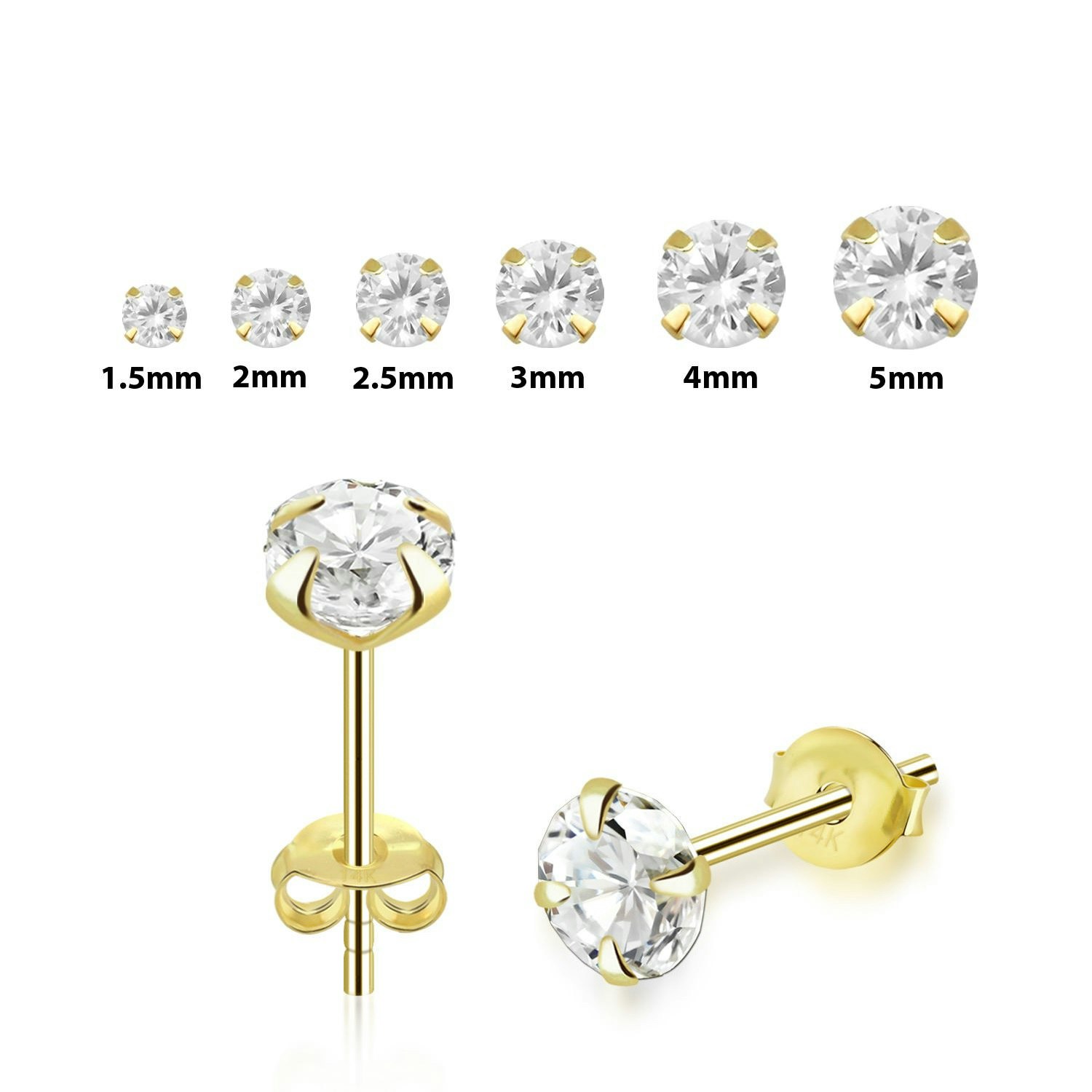 Örhänge i äkta 14 karat guld - rund klar cubic zirconia (par)