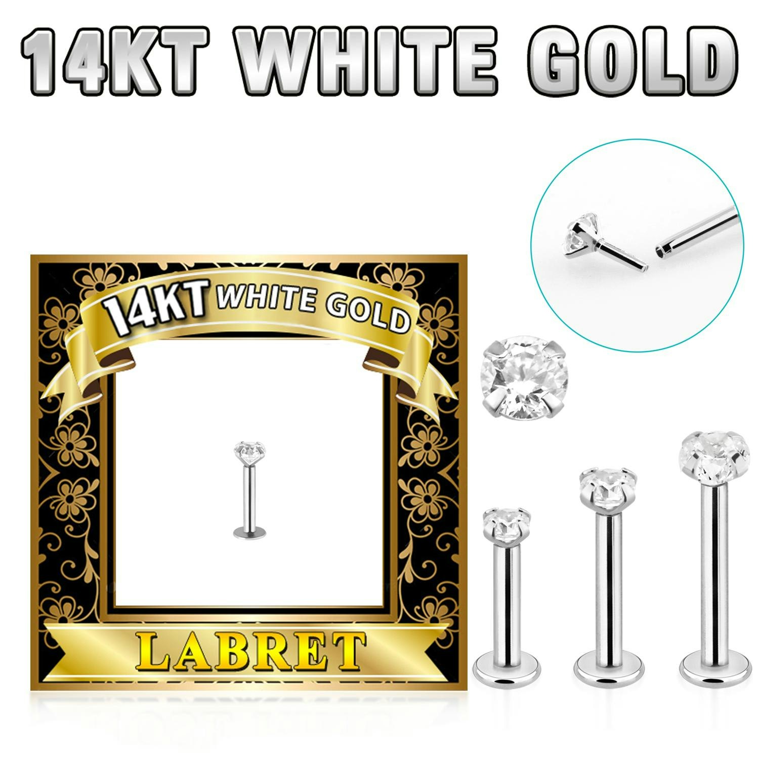 Labret i äkta 14 karat vitt guld - rund klar cubic zirconia