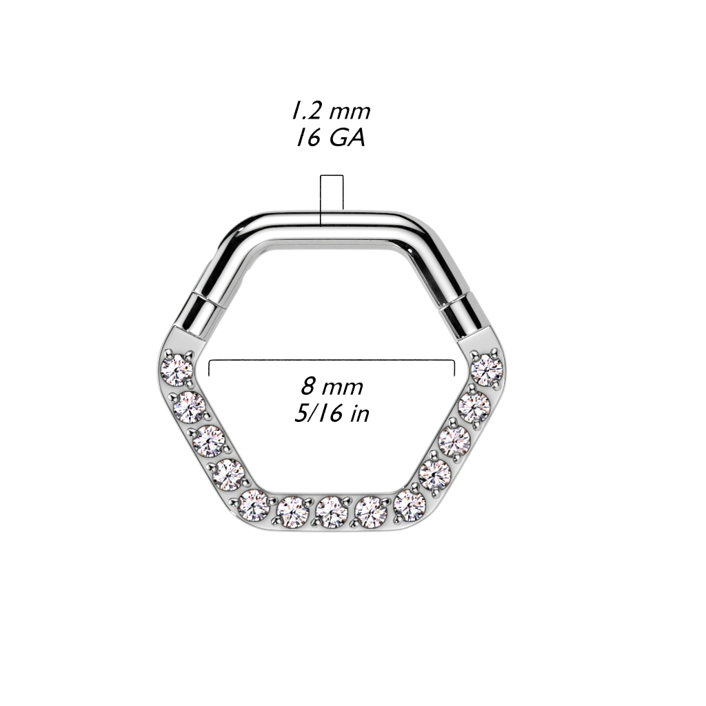 Sexkantig ring i kirurgiskt stål med gångjärn 1.2mm / 8mm med CNC-monterade CZ