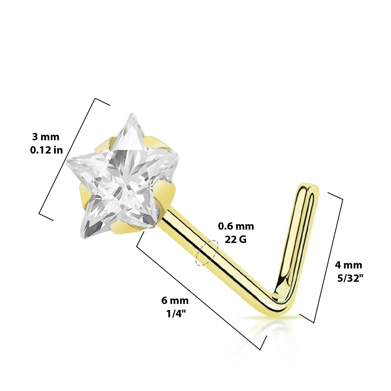 Nässmycke "L-böjd" i äkta 14 karat guld med 3mm stjärnformad cubic zirconia