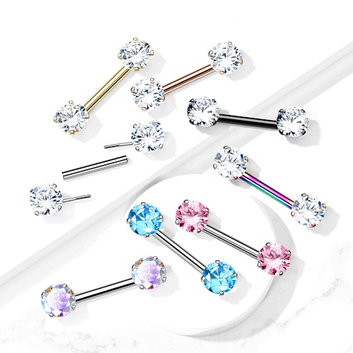 Titanium threadless barbell 1.6mm med 6mm rund prong-set cubic zirconia