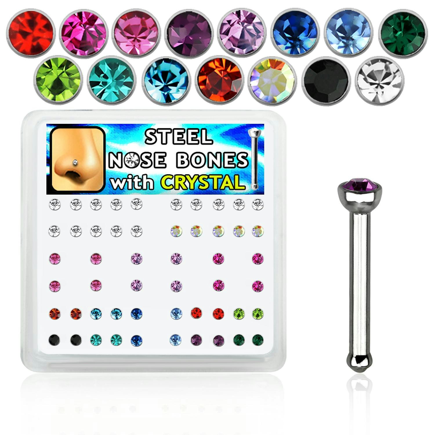 Mixpack / Display med 52st nässmycken 0.8mm - 2mm crystal (sorterade färger)