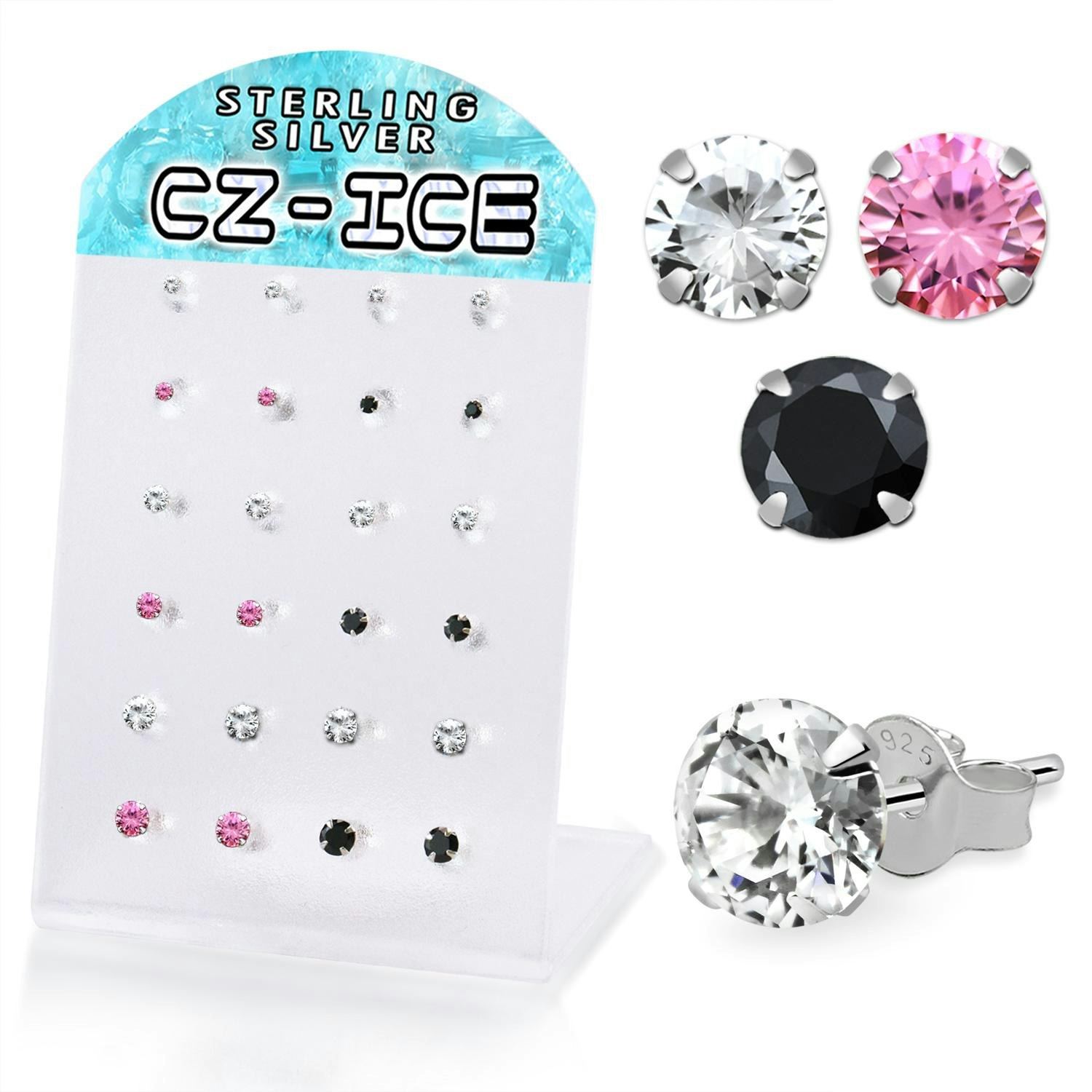 Display med 12 par örhängen i 925-silver med rund CZ