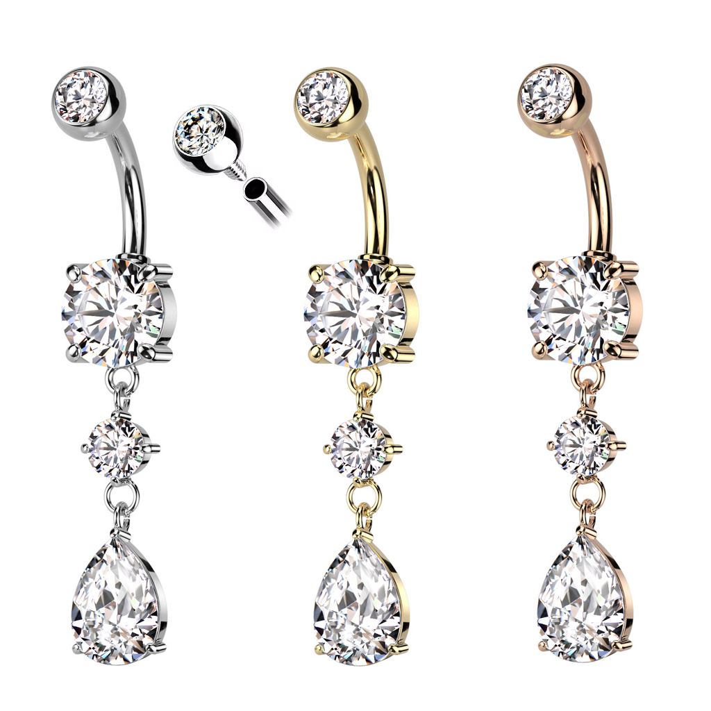 Navelsmycke i titanium - droppformad cubic zirconia i hänge