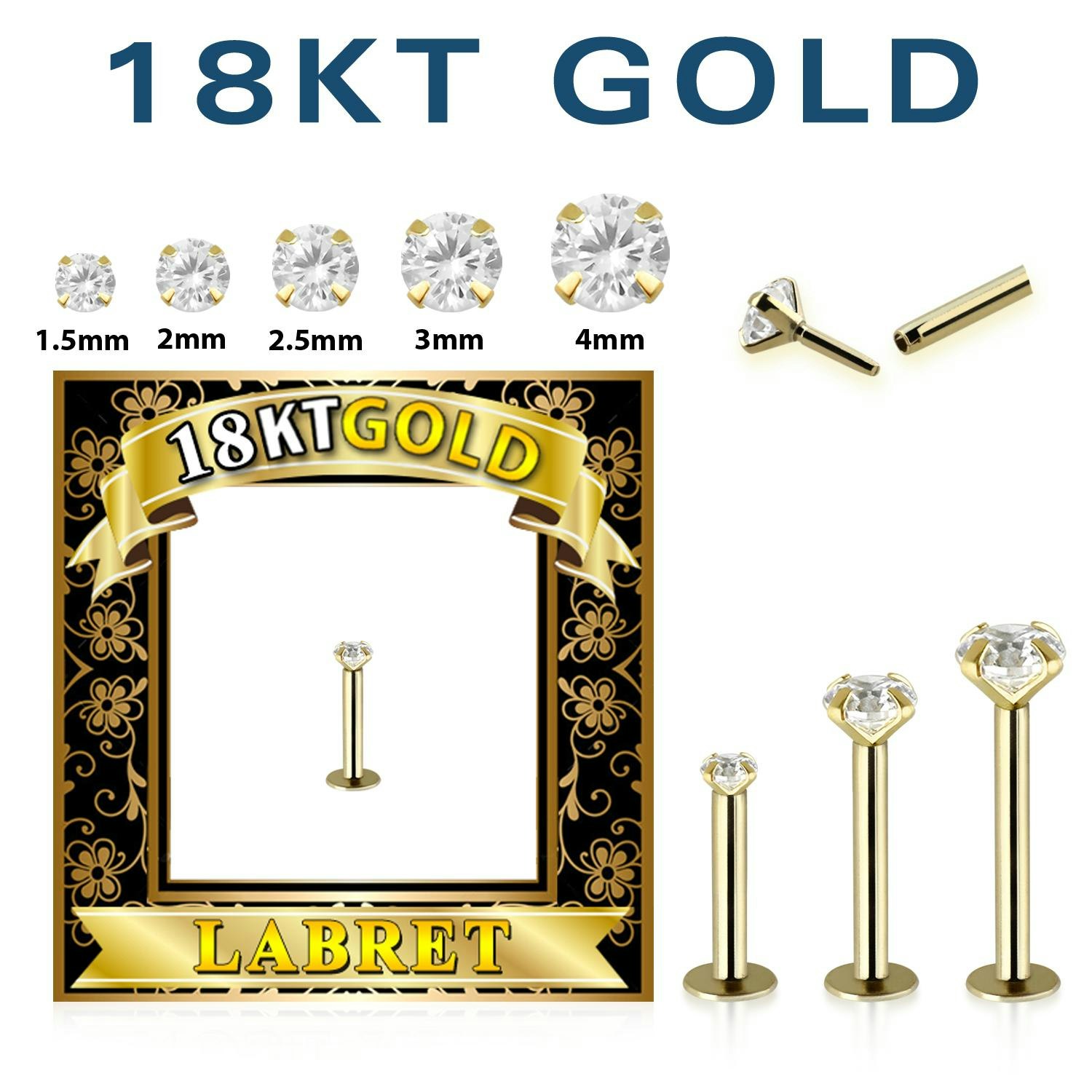 Labret i äkta 18 karat guld med rund "prong-set" cubic zirconia