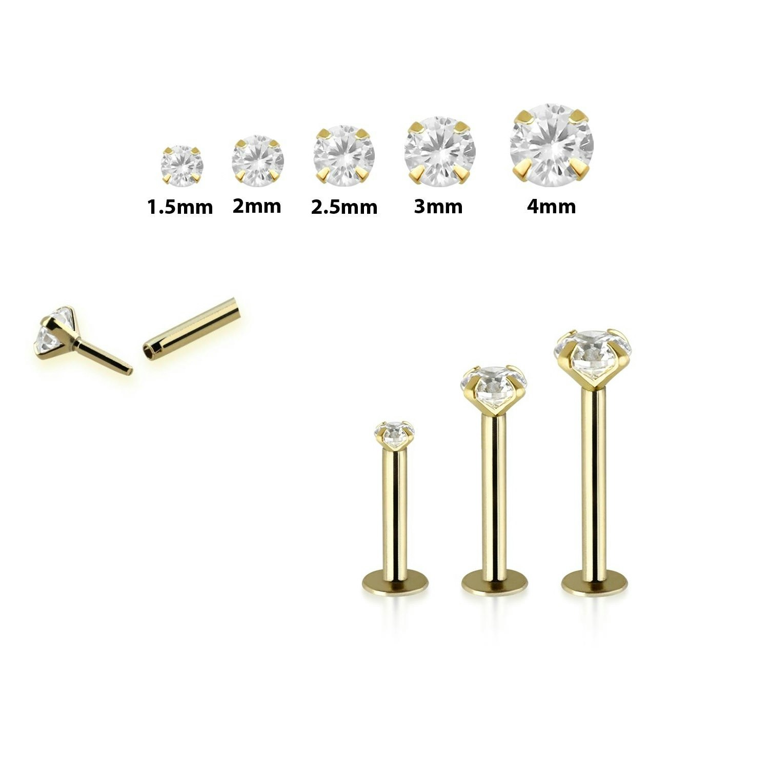 Labret i äkta 18 karat guld med rund "prong-set" cubic zirconia