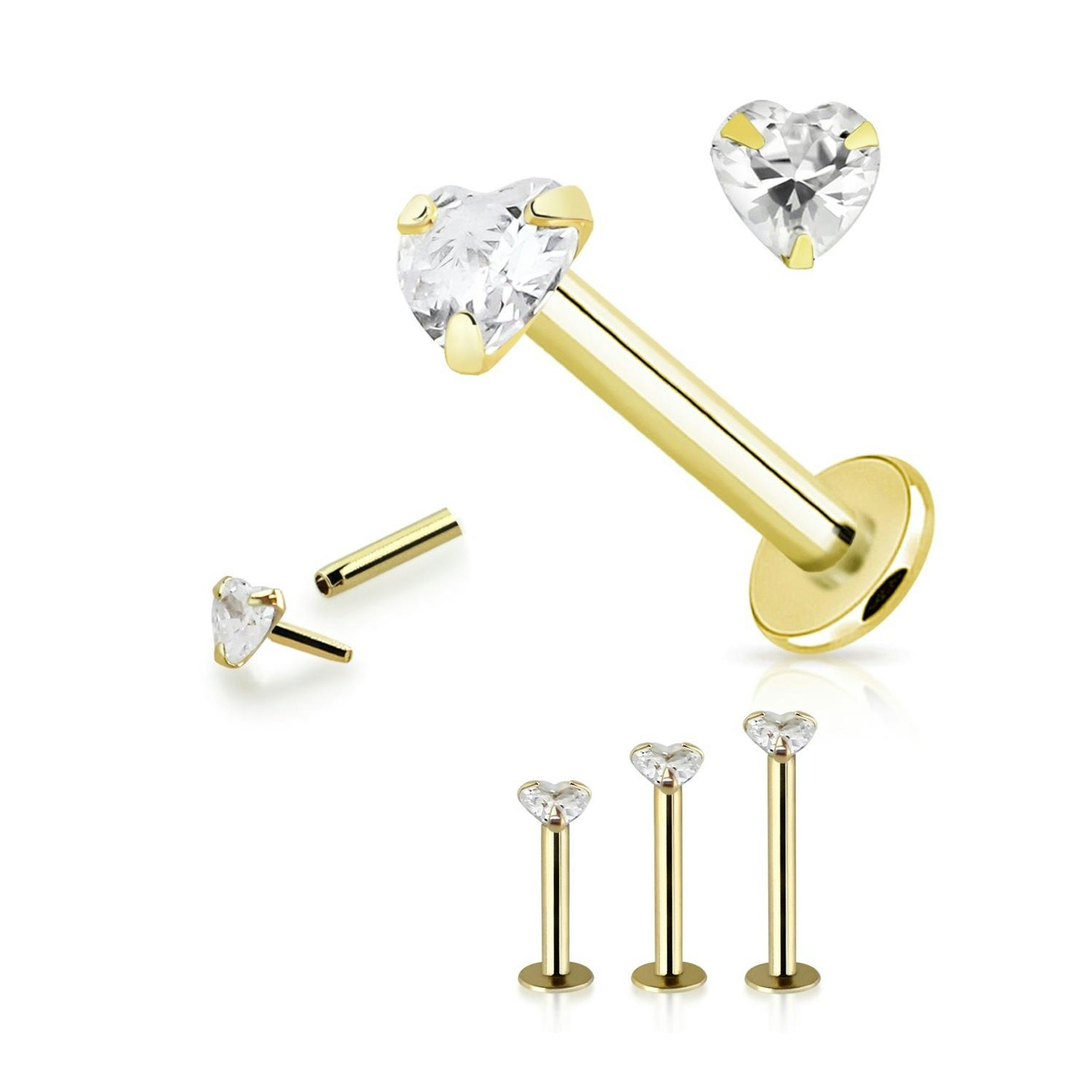 Labret i äkta 14 karat guld med hjärtformad "prong-set" cubic zirconia