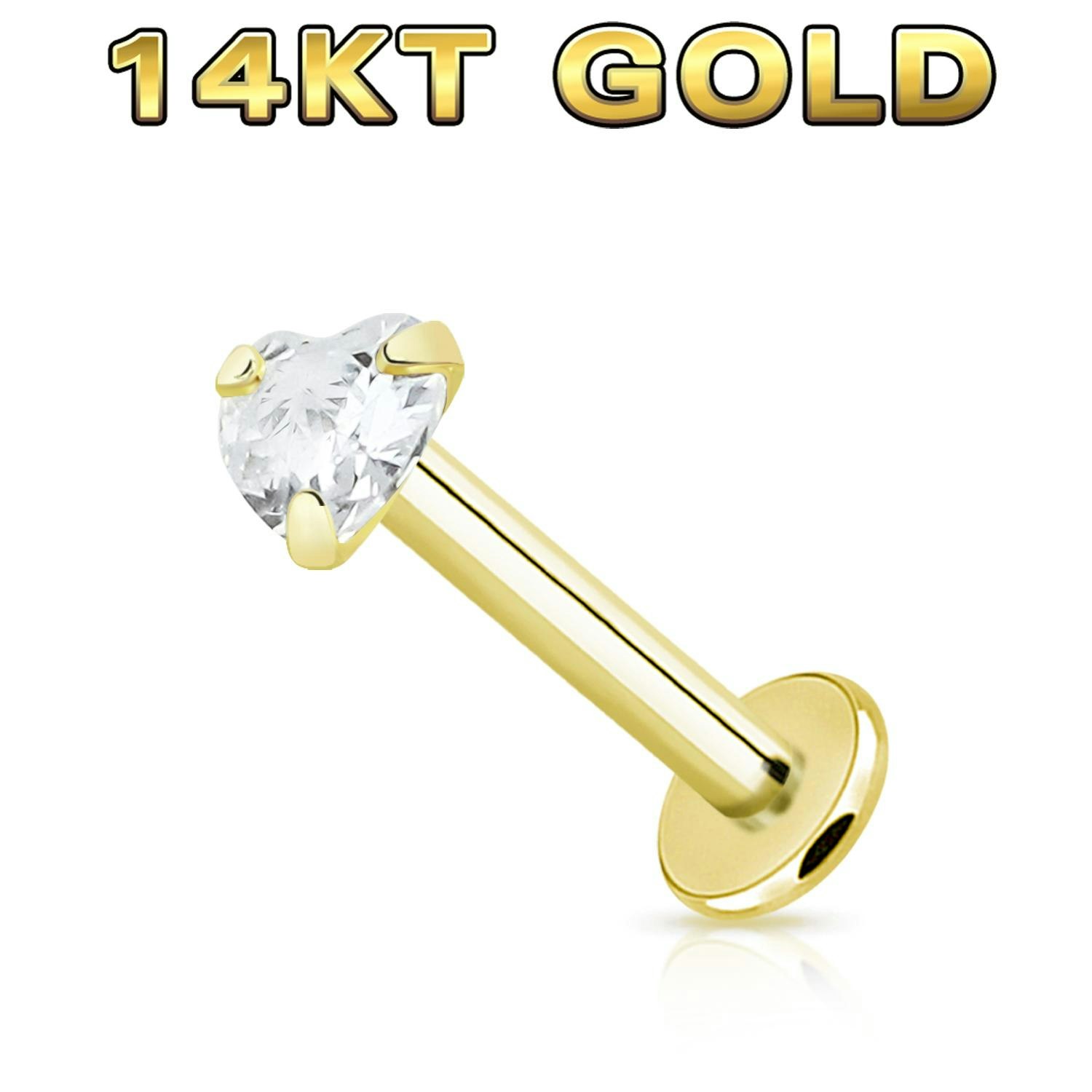 Labret i äkta 14 karat guld med hjärtformad "prong-set" cubic zirconia