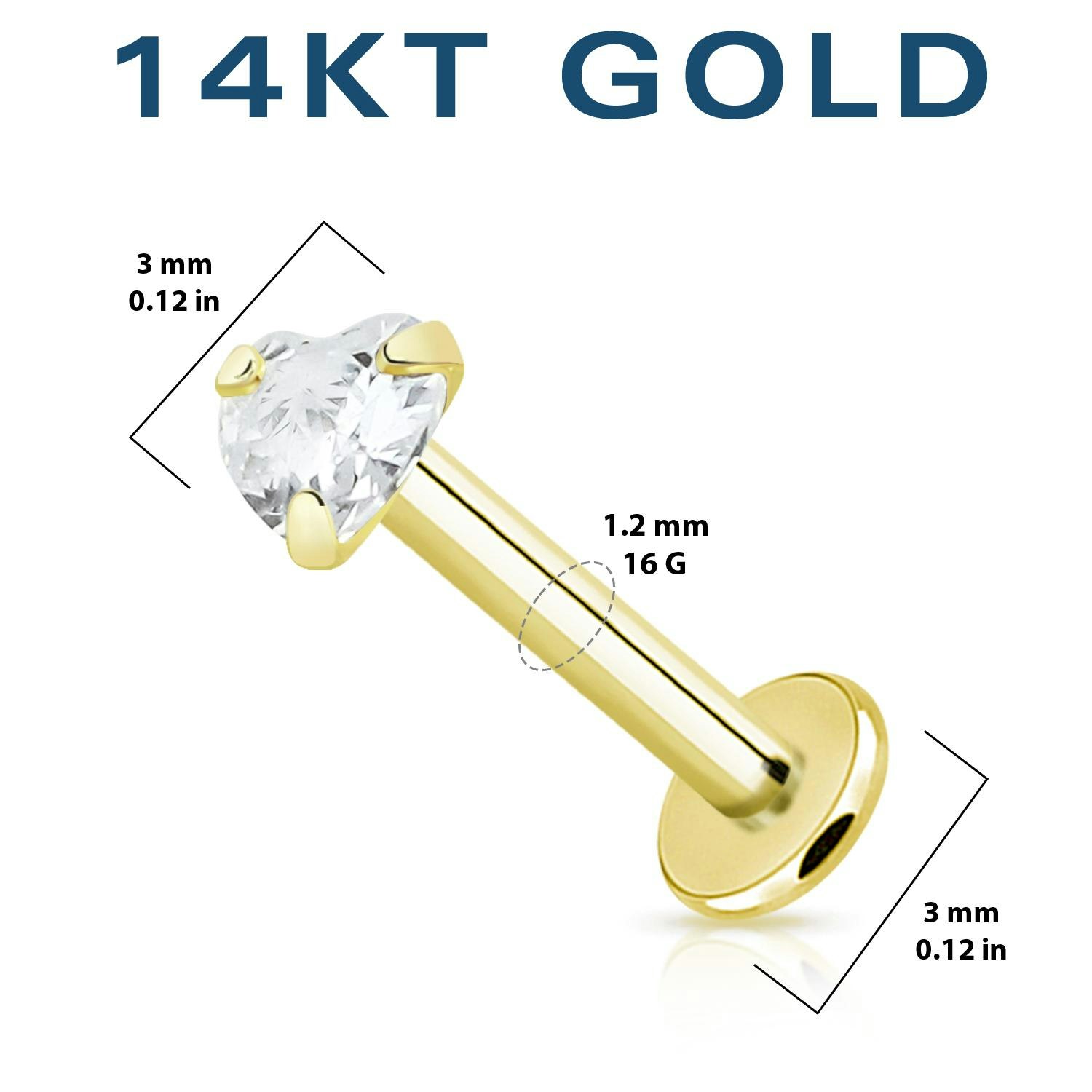 Labret i äkta 14 karat guld med hjärtformad "prong-set" cubic zirconia