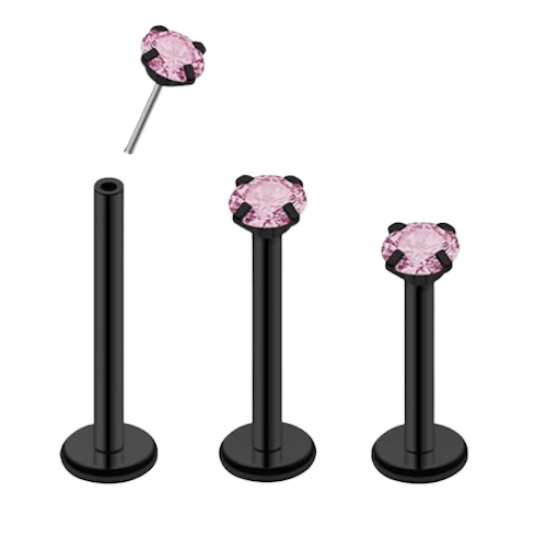 Threadless labret i PVD-pläterad titanium med prong-set rosa CZ