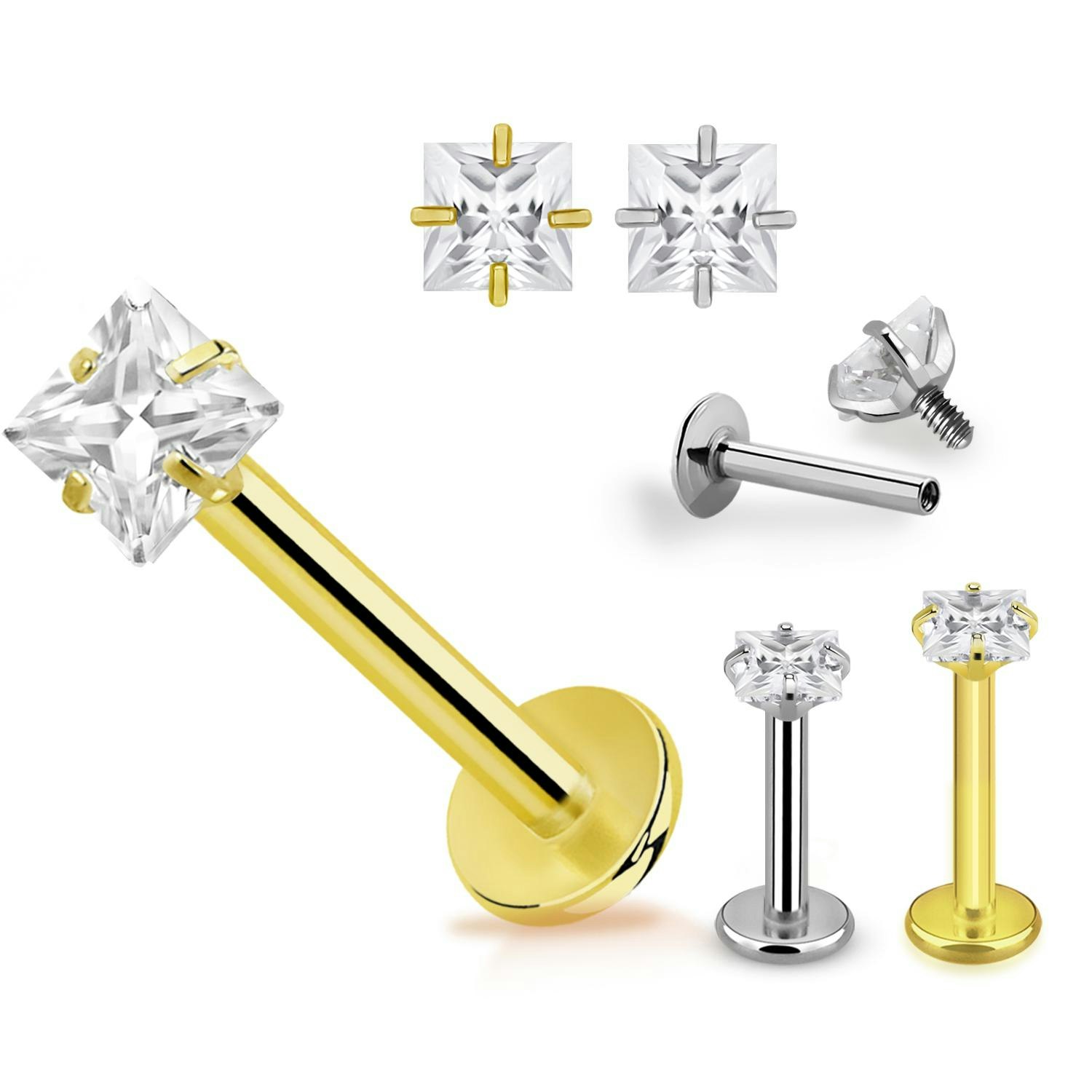 Titanium labret invändigt gängad 1.2mm med 3mm fyrkantig CZ