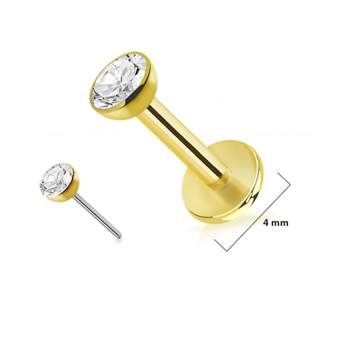 Titanium threadless labret 1.2mm PVD-guldpläterad med klar cubic zirconia topp